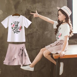 🔥臺灣現貨🔥居家服❤熱銷推薦！女童套裝2022夏季新款韓版女寶寶 純棉 兩件套 休閒短袖 T恤上衣 短裙 純棉薄款衣服