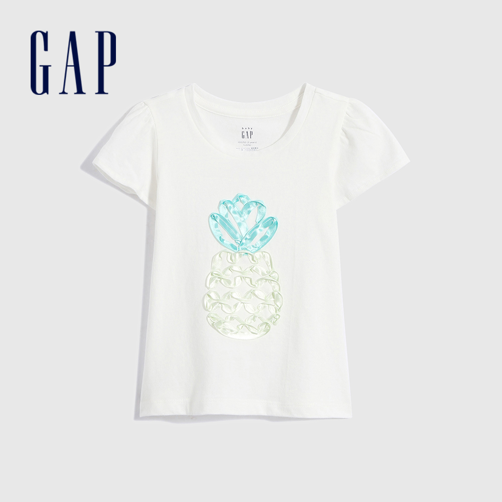 Gap 女幼童裝 純棉立體印花短袖T恤-白色(689324)