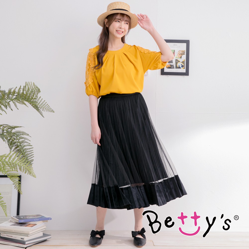betty’s貝蒂思(95)彈性腰圍絨布拼接長紗裙 (黑色)