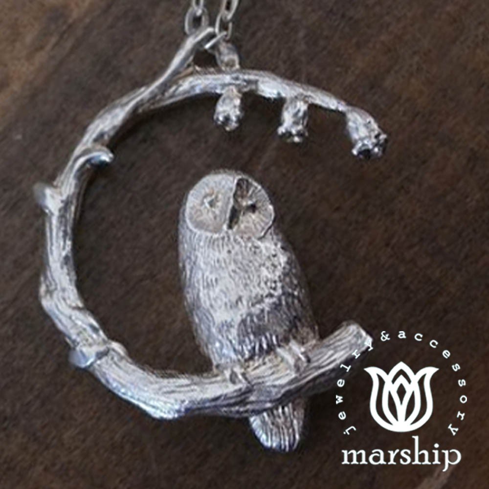 Marship 日本銀飾品牌 貓頭鷹與風鈴花項鍊 925純銀 亮銀款