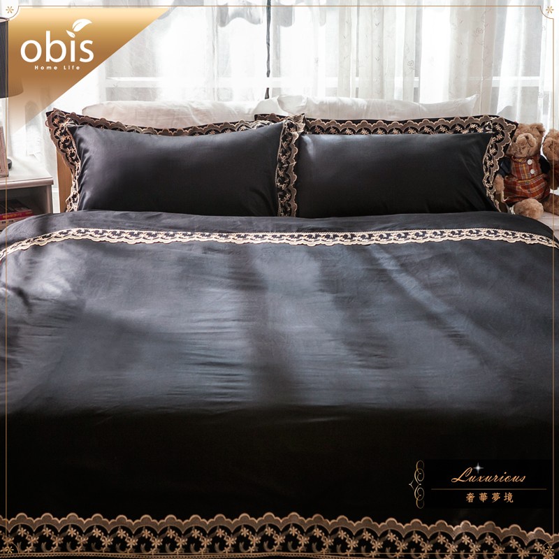 obis 枕套 精梳棉/蕾絲床包被套組/被套-奢華夢境(黑金)