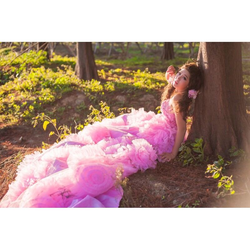 桃粉色婚紗·花朵拖尾款·二手禮服