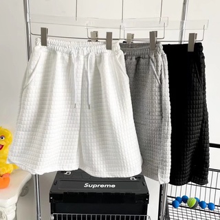 【M-3XL】夏季華夫格休閒短褲男士素色簡約寬鬆舒適五分運動褲