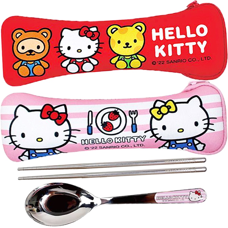 凱蒂貓HELLO KITTY不鏽鋼餐具組筷子湯匙環保餐具組附收納袋 KT52581【77小物】