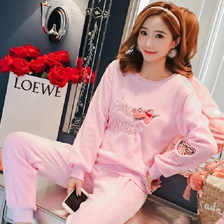 現貨 法蘭絨睡衣女 卡通頑皮豹 甜美可愛 居家服 冬天保暖 珊瑚絨 長袖長褲 粉紅豹家居服 休閒寬鬆 兩件式 女生睡衣