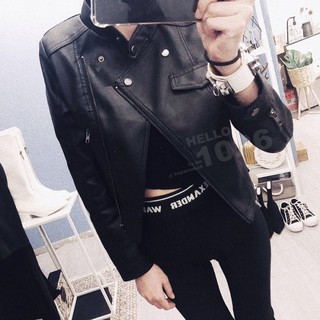 ++1026++歐美率性簡約款 水洗軟皮類真皮 合身貼身機車夾克 拉鍊騎士夾克外套 高腰中短版 小立領翻領黑色皮衣外套