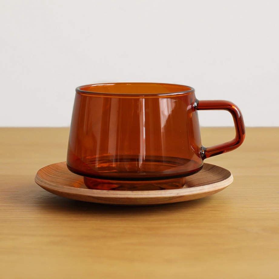 日本 KINTO 琥珀色玻璃杯-含柚木盤 270ml 耐熱玻璃 SEPIA 杯子 馬克杯 茶杯 咖啡杯 水杯 玻璃杯 杯