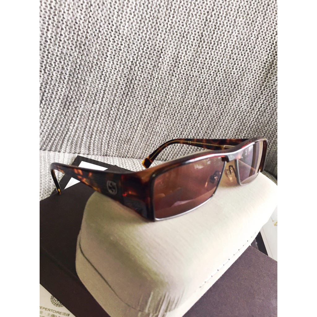 專櫃GUCCI品牌 方形復古金屬拼接玳瑁色半框茶色老品古著太陽眼鏡+MARNI眼鏡盒