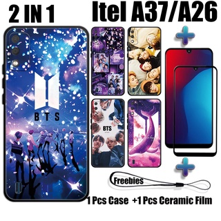 2 合 1 BTS 手機殼帶鋼化玻璃,適用於 Itel A37 Itel A26 手機殼和曲面陶瓷螢幕保護膜