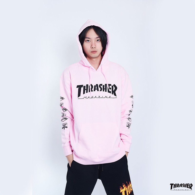 THRASHER HOMETOWN 日線 內刷毛/純棉 雙臂圖騰 長袖帽T-粉色【HopesTaiwan】台灣總代理