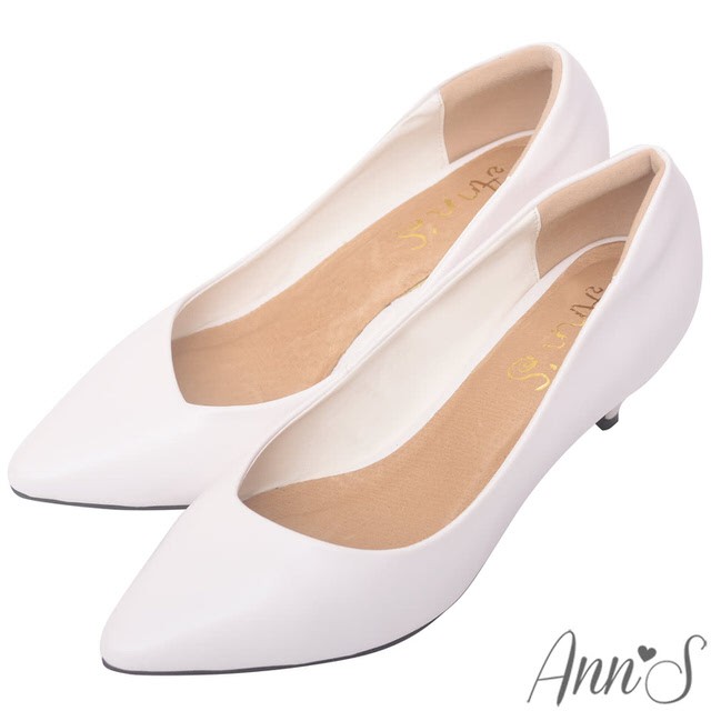 Ann’S漫步華爾滋-素色品味斜口低跟舒適尖頭鞋-白