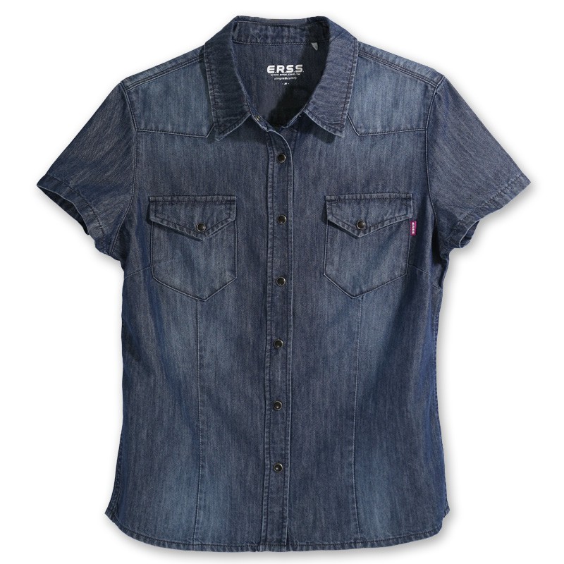 【ERSS】牛仔短袖襯衫 - 女 酵洗藍 K40003