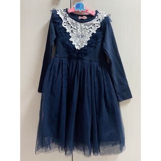 (九新)女童寶藍色蕾絲宮廷風長袖洋裝 size：15碼