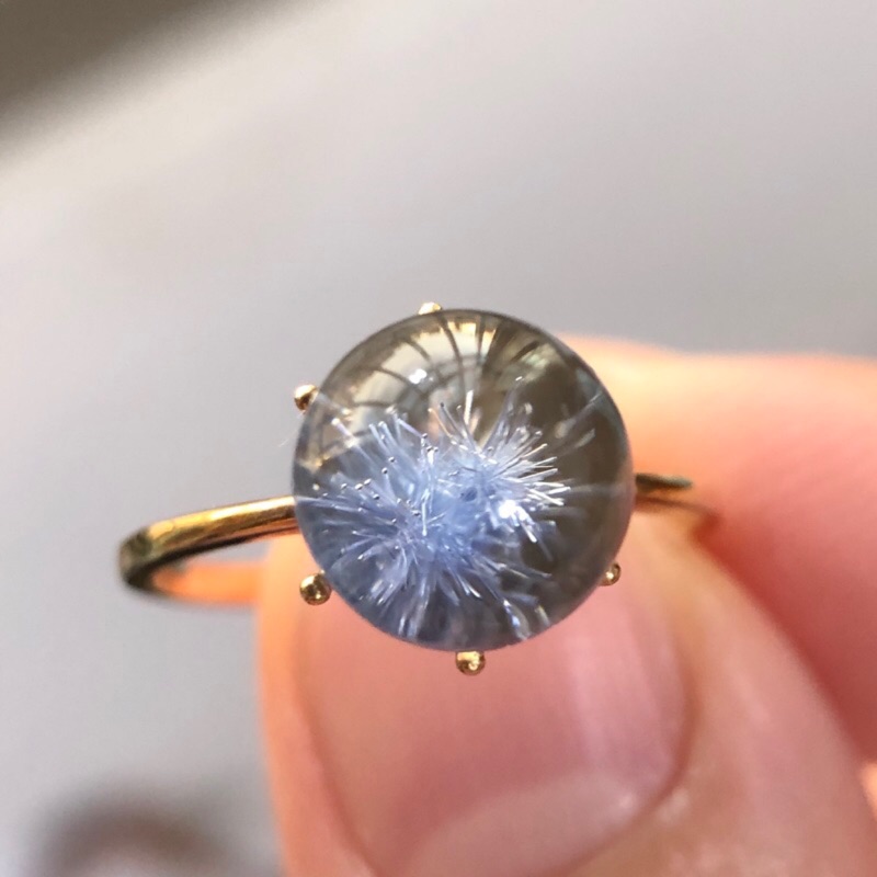 天然水晶 藍線石 藍髮晶18k金戒指#10
