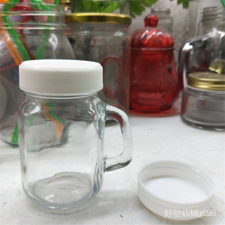 批發迷你杯小把手玻璃杯帶蓋布丁杯創意公雞杯梅森玻璃瓶120ml飲料瓶攜帶方便 蝦皮購物