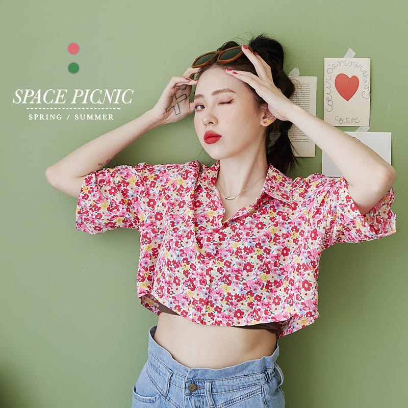 [明天出貨] Space Picnic｜彩色花朵雪紡短版襯衫(現貨)【C21052092】