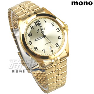 mono Scoop 經典款 ZSB1215金大 數字圓錶 藍寶石水晶 不銹鋼帶 日期顯示 防水 金色 男錶【時間玩家】