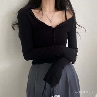 NANA Studio💕韓式輕薄螺紋長袖防曬小外套弔帶兩件套輕薄開衫高腰上衣 女生衣著 歐美女裝