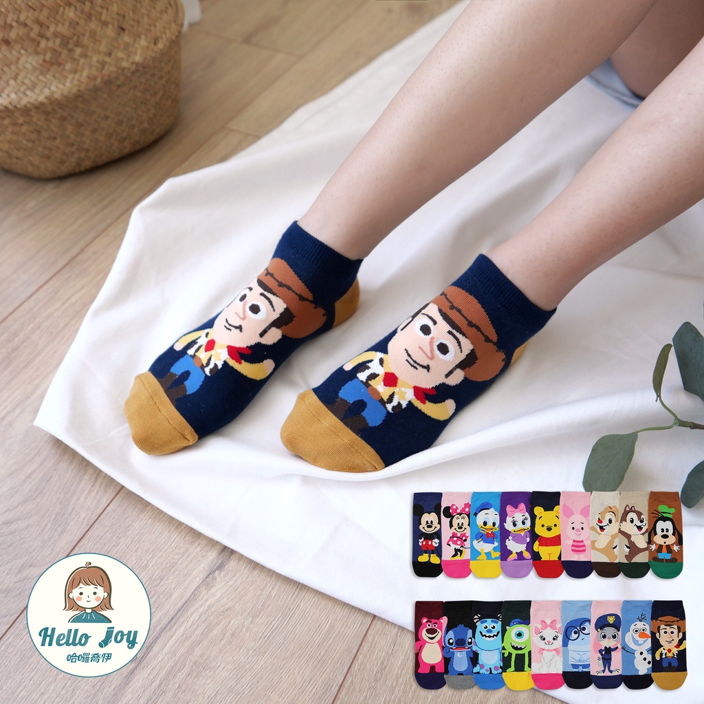 【哈囉喬伊】韓國襪子 迪士尼滿版腳跟拼色短襪 正韓 女襪 船襪韓襪韓國襪 米奇維尼史迪奇胡迪奇奇毛怪小豬米妮雪寶 D15