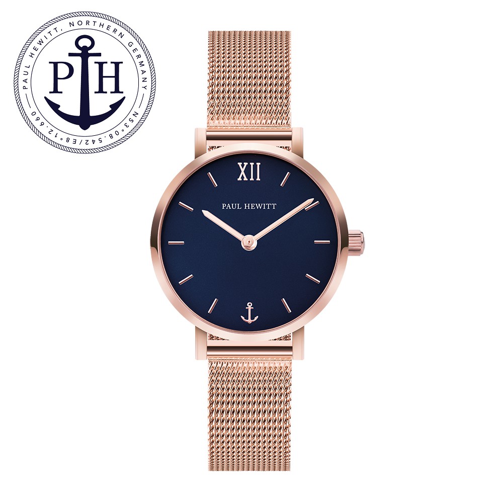 PAUL HEWITT 《PH》德國船錨 經典系列錶款28mm(玫瑰金金屬米蘭表帶) 玫瑰金x藍面【第一鐘錶眼鏡】
