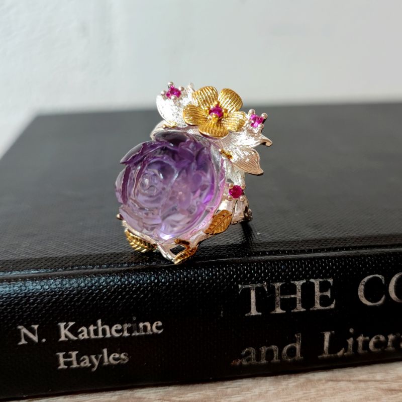 最新降價🇬🇧 英國帶回英國Harrods天然手工雕刻紫水晶紅寶石花朵925純銀戒指