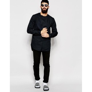 NYChic 全新正品 英國 ASOS 無領長版襯衫外套 印度染深藍黑 斜扣設計 Lemaire uniqlo 特價