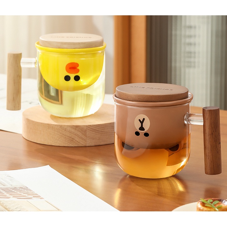 LINE FRIENDS 正版授權 茶壺 玻璃茶杯 輕奢茶壺 陶瓷濾網 木頭杯蓋 個人茶壺 高質感 泡茶茶壺