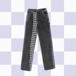 SAUVAGES stitch trim houndstooth high waist jeans 千鳥格高腰牛仔褲