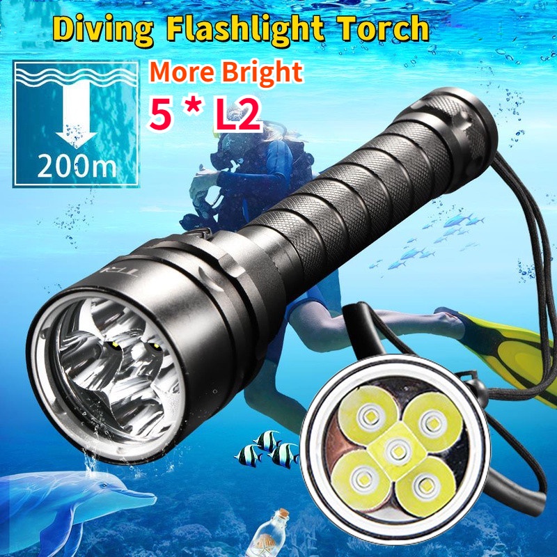 10000 流明潛水 LED 手電筒 5xL2 潛水手電筒水下 200M 戶外 LED 手電筒 2x18650 電池