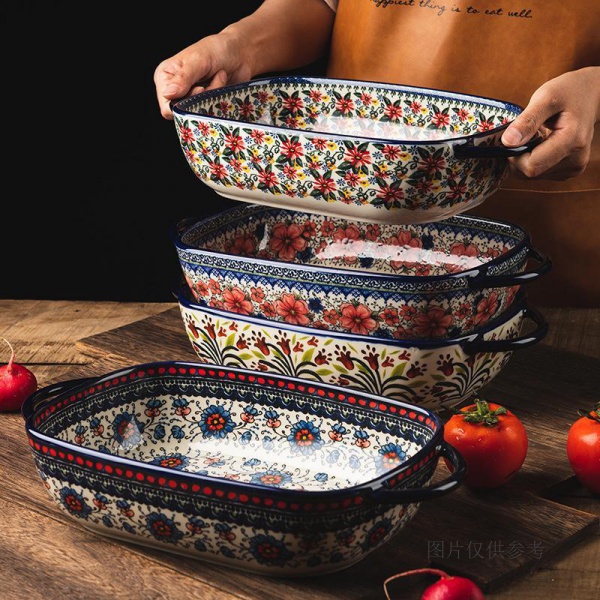 波蘭陶瓷烤盤外貿陶瓷餐具家用烤箱微波爐用碗長方餐盤菜盤子大號