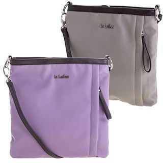 【le Lufon】淺粉紫色尼龍拼皮革拉鏈前口袋方型實用小肩包(S) 斜背包/側背包( 卡其色 / 粉紫二色)