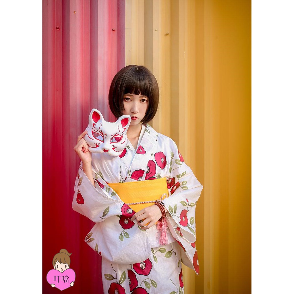 紅色花柄日本和服浴衣女和服正裝女化纖抗皺和服套裝 蝦皮購物