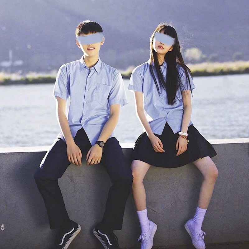 日韓新款春夏畢業季演出服校服高中生班服短袖套裝女夏季宽松藍色襯衫短裙学院风jk制服韩版中学生校服