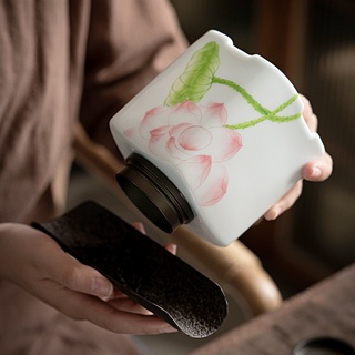 瑞陶陶瓷特賣白瓷雙層密封茶葉罐茶罐陶瓷罐儲茶罐純手繪荷花家用防潮中式茶倉