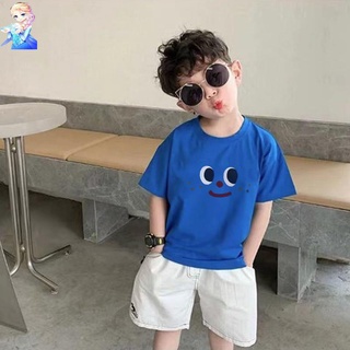 童裝 男童褲套裝 100%棉 夏季韓國新款可愛卡通印花藍色男寶寶短袖休閒寬鬆運動T恤