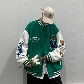 2022年復古重工刺繡棒球服男女 春秋季新款街頭潮牌寬松情侶百搭撞色外套 毛巾繡寬松百搭夾克