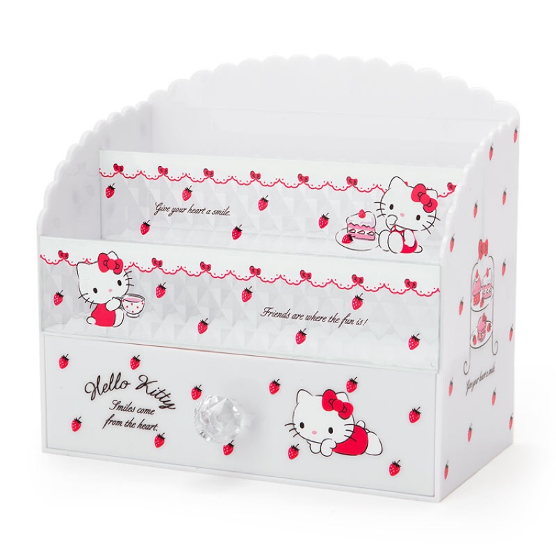 【PINK】Hello Kitty 草莓蝴蝶結化妝品三層分隔收納盒/收納架