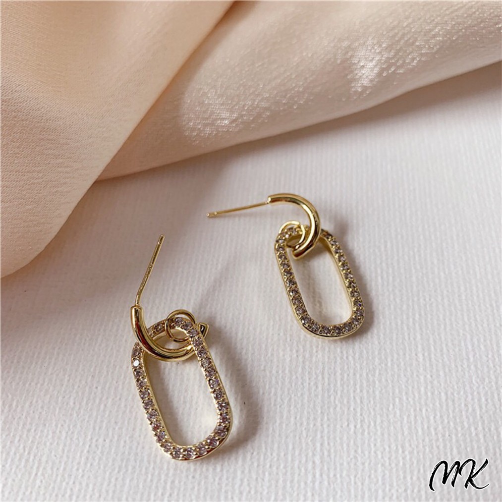 【MK】925銀針韓國東大門設計雙層滿鑽個性耳環鏤空幾何圓金屬簡約耳飾