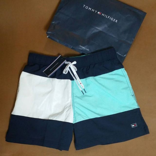 （客訂勿下標）全新正品Tommy Hilfiger 男藍白綠拼色內網布海灘休閒短褲M