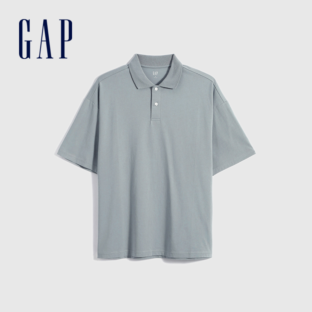 Gap 男裝 寬鬆短袖POLO衫 厚磅密織親膚系列-霧藍色(697680)