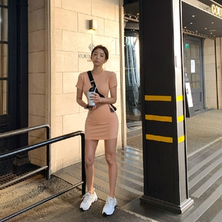 💜In march💜 |韓國休閒洋裝 高彈收腰鏤空露腰褶臀裙短袖性感