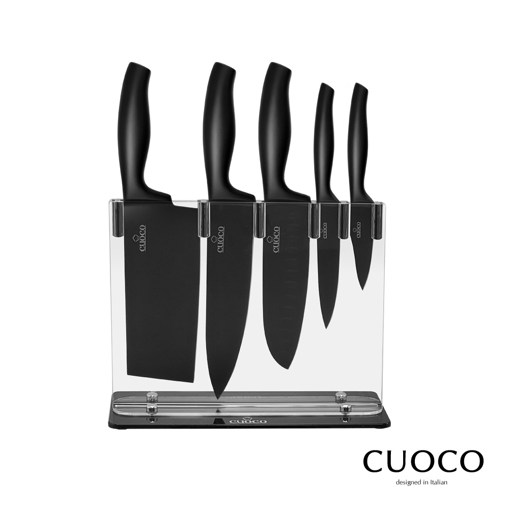 【義大利CUOCO】420粉末鋼一體成型5刀6件組(切片刀、廚師刀、三德刀、萬用刀、果皮刀、刀座)