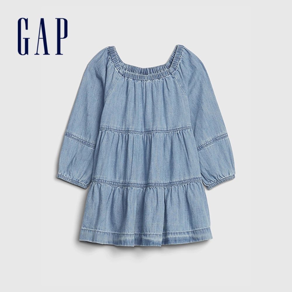 Gap 嬰兒裝 淺色水洗鬆緊圓領長袖洋裝-藍色(615988)