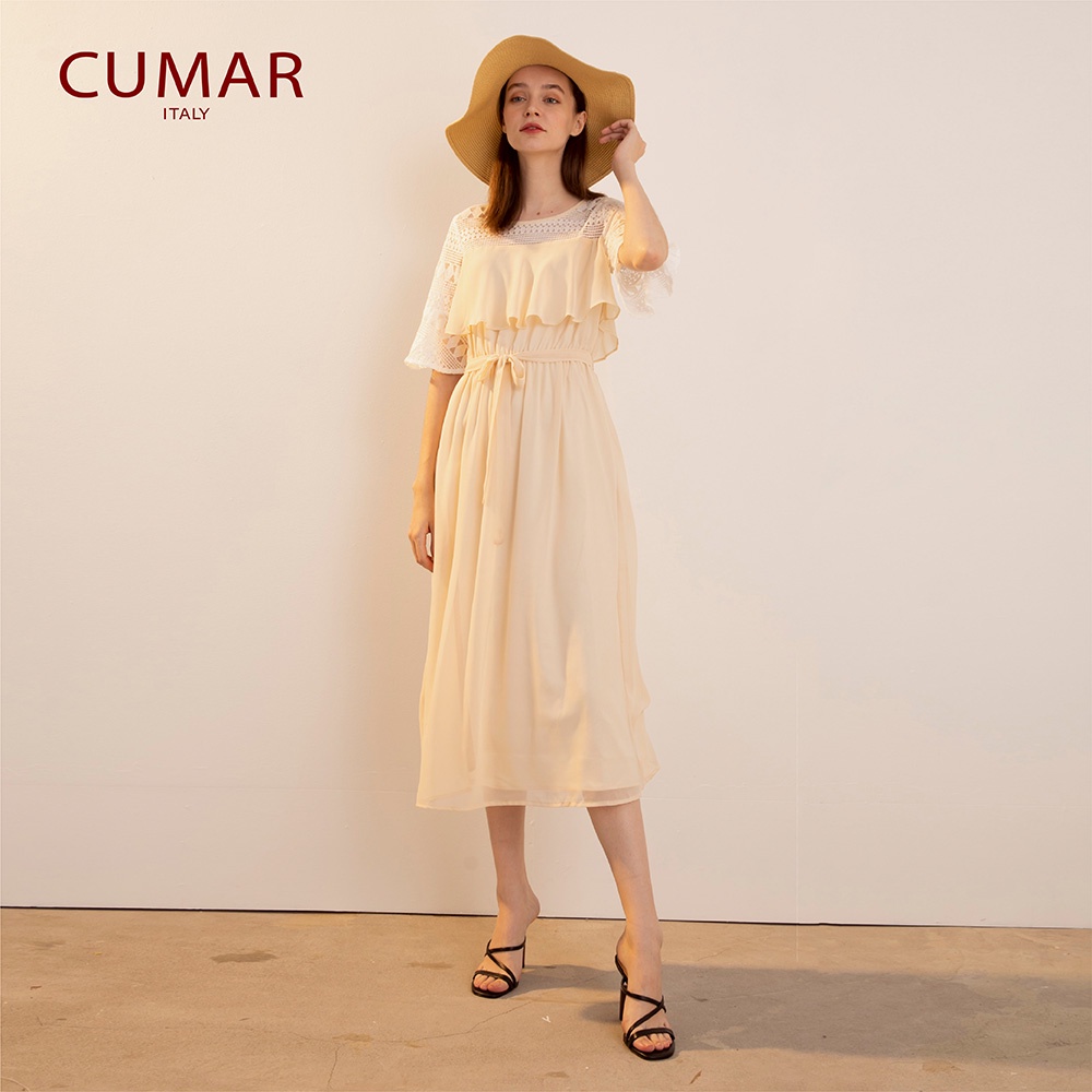 【CUMAR】蕾絲拼接荷葉長版-女短袖洋裝 荷葉 米(二色/版型適中)