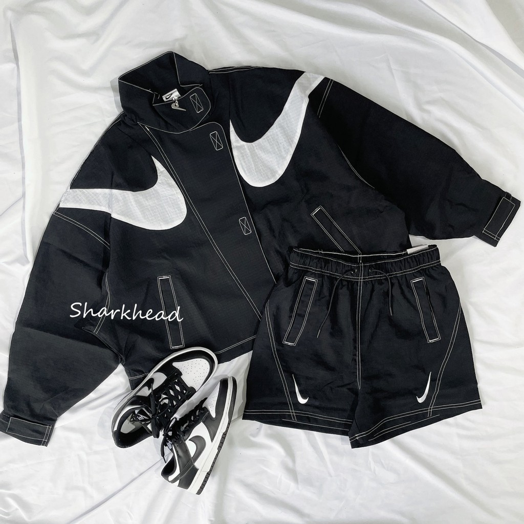【Sharkhead】現貨 Nike NSW Swoosh 外套 黑 黑白 DD5593-010 反車線 短版 雙勾