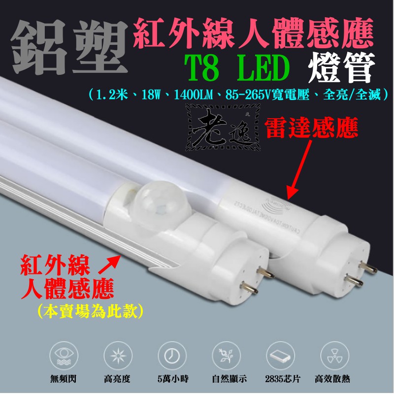 台灣本地 快速出貨＃鋁塑紅外線人體感應 T8 LED燈管（1.2米、18W、1400流明、85-265V寬電壓）＃4呎