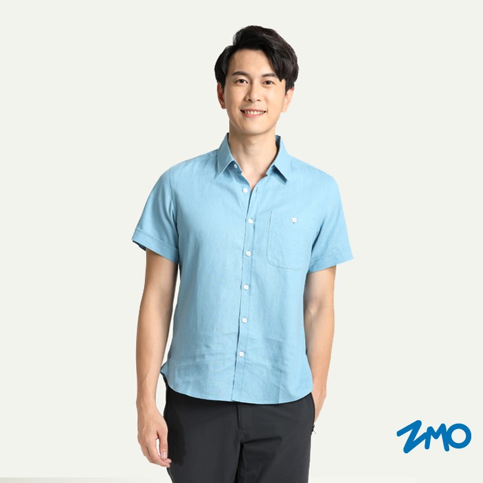 【ZMO】男 亞麻 涼爽短袖襯衫-灰藍