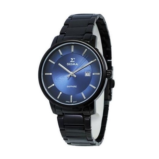 【SIGMA】簡約時尚藍寶石鏡面黑鋼 1122M-B3 現代鐘錶