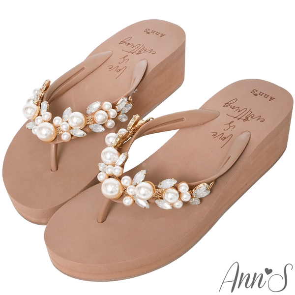 Ann’S氣質珍珠水鑽厚底夾腳涼拖鞋