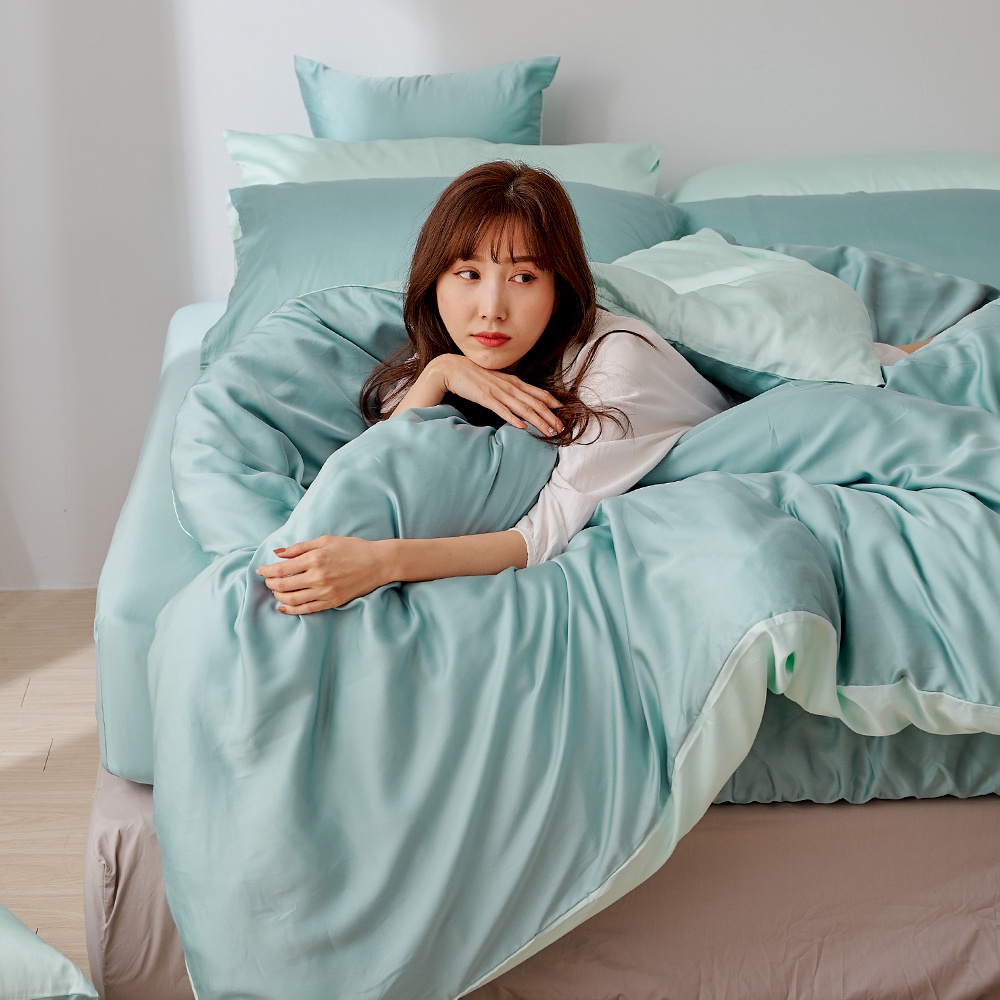 戀家小舖 台灣製床包 雙人床包 薄被套 床單 芬妮綠 100%天絲 床包被套組 含枕套 60支天絲 素色